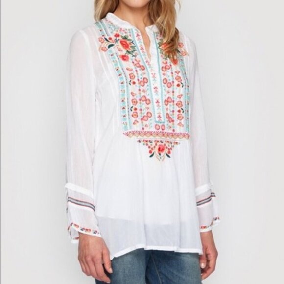 Johnny Was Floral Embroidered Tunic Button Front Long Sleeve White Blouse XL - Picture 1 of 12